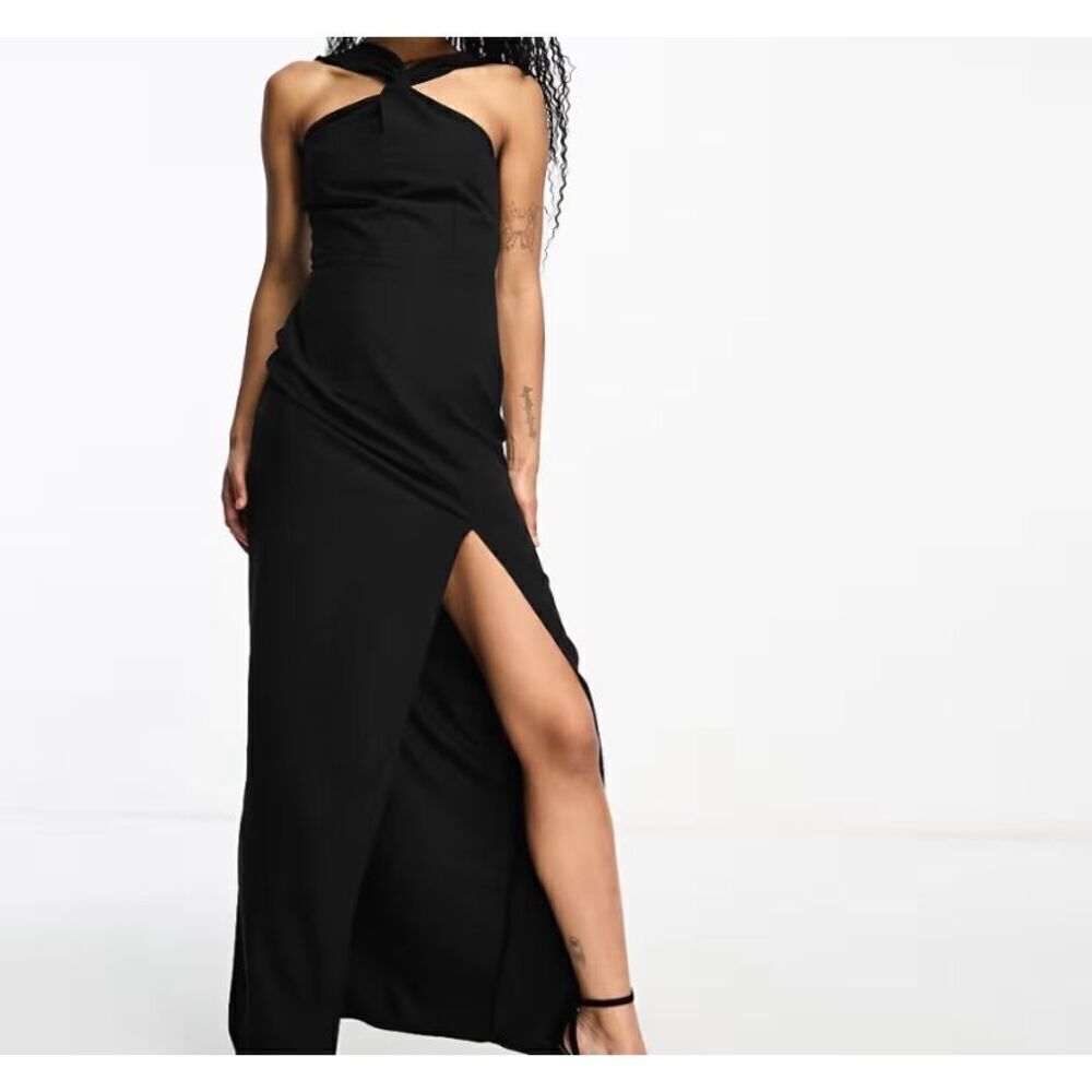 Vesper petite bengaline twist, front black halter neck, maxi dress, size 12